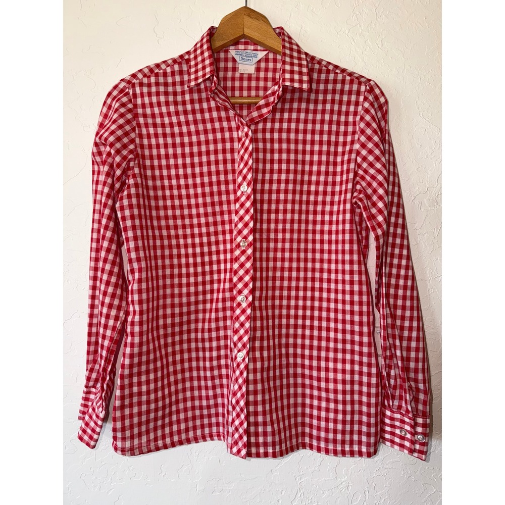 Vintage 1970s Sears Red Gingham Shirt Perma Smooth Sz 12 EUC Cottagecore Picnic